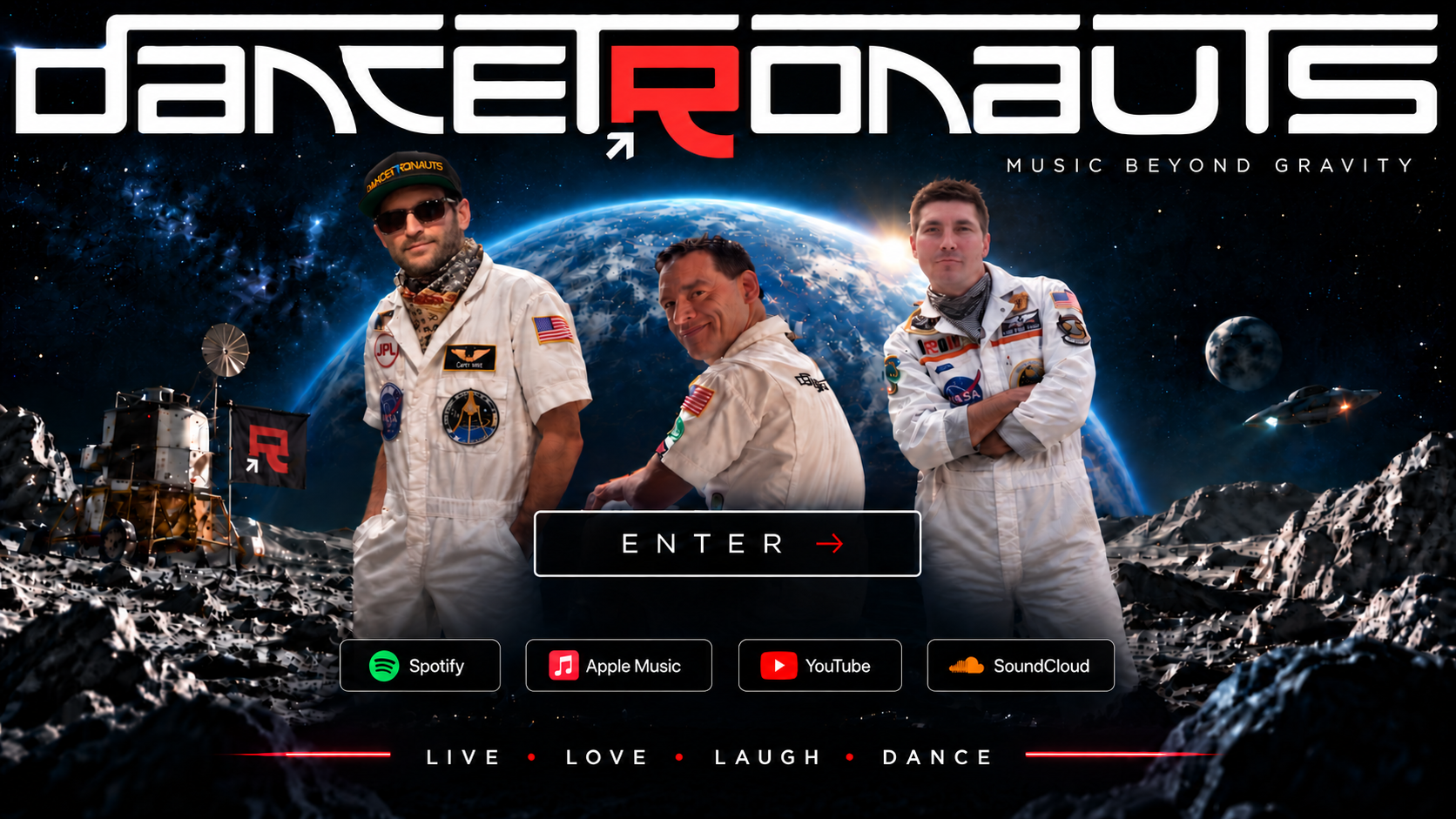 The three Dancetronauts on the moon with Earth rising behind them.